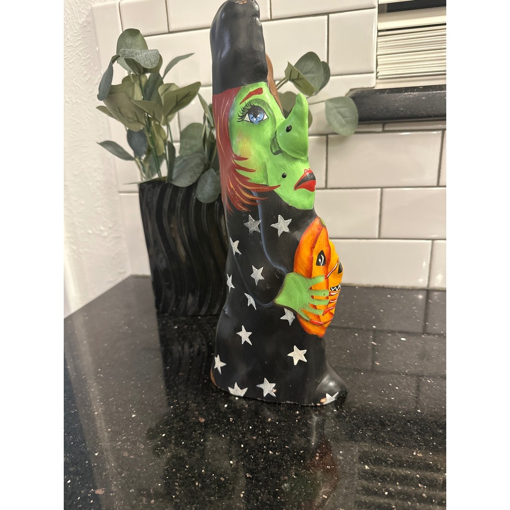 Handmade Witch Spooky Scary Carved wooden Painted Halloween‎ Pumpkin Table Decor